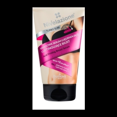 Frasco creme Nivelazione Turbo Slim para peito com etiquetas em branco, rosa e preto.