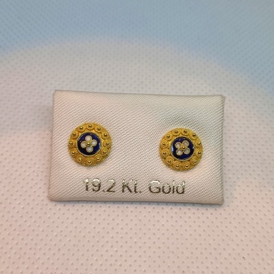 Brincos redondos ouro 19.2 Kt com centro azul e detalhes brancos