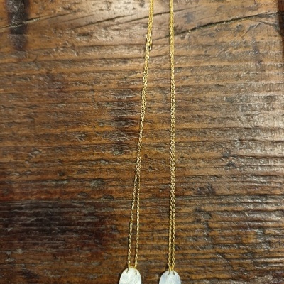 Colar duplo dourado com pendentes ovais prateados sobre madeira