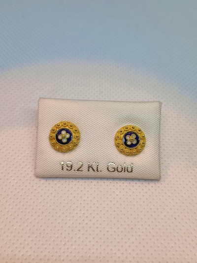 Brincos redondos ouro 19.2 Kt com centro azul e detalhes brancos