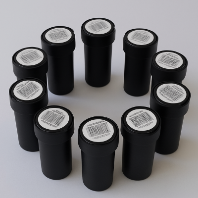 Frascos pretos cilíndricos com códigos de barras no topo dispostos em círculo.