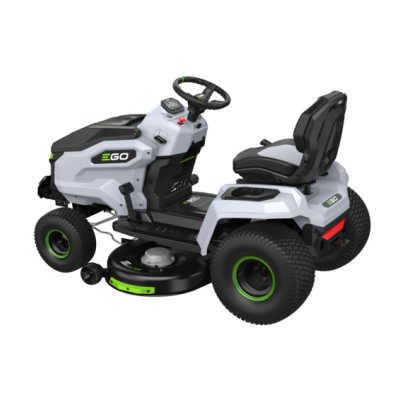 Trator de relva branco e cinza com detalhes verdes e pneus pretos