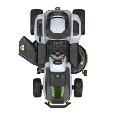 Aparelho de corte de relva robotizado cinza, preto e verde visto de cima