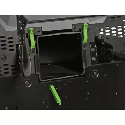 Componente eletrônico metálico preto com alavancas verdes e abertura quadrada central