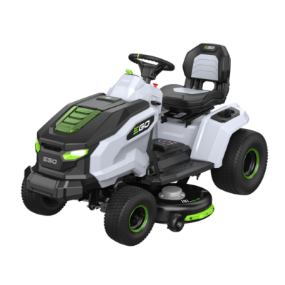 Trator de relva elétrico branco e preto com detalhes verdes