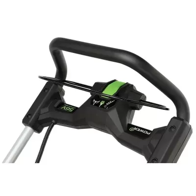 Barra de controlo preto e verde de máquina de jardim com texto 'POWER+' e '36V'.