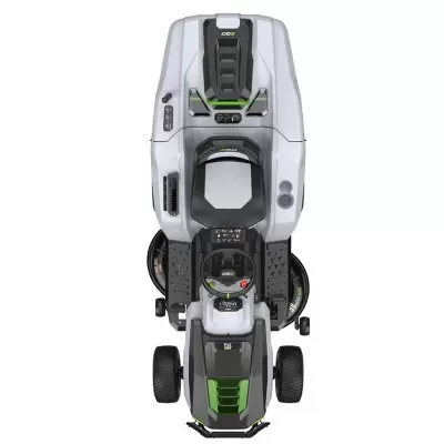 Trator de relva cinza, verde e preto visto de cima