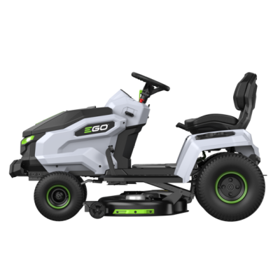 Trator de relva branco e preto EGO com assento preto e detalhes verdes