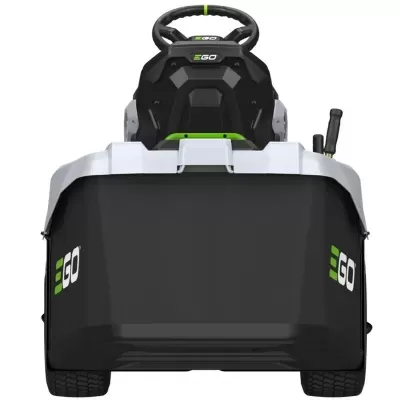 Trator de relva EGO branco com saco de recolha preto e volante preto com detalhes verdes