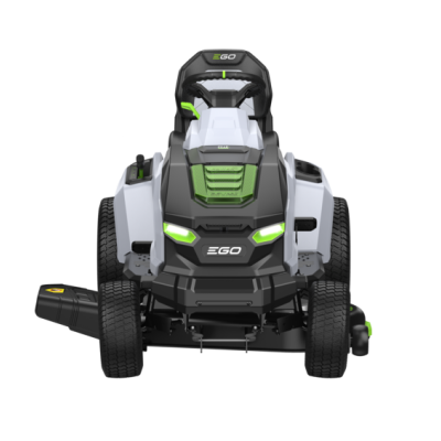 Trator de relva EGO cinza, preto e verde visto de frente
