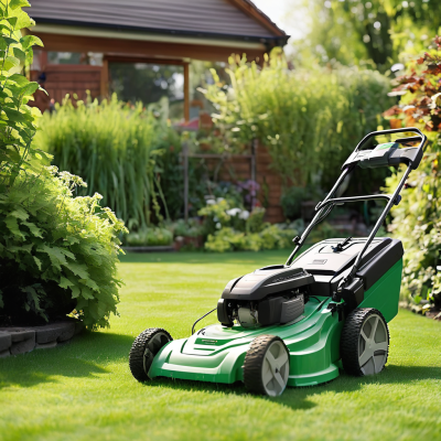 Corta-relvas verde e preto num jardim com relvado e plantas