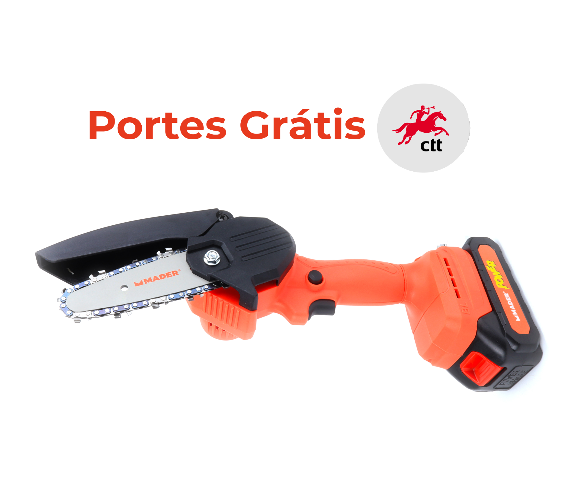 Mini motosserra elétrica portátil laranja, lâmina metálica prateada e proteção preta