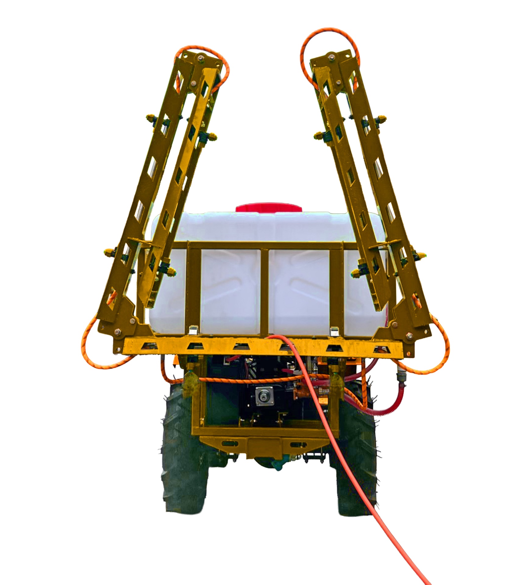 Pulverizador agrícola amarelo com tanque branco e tampa vermelha