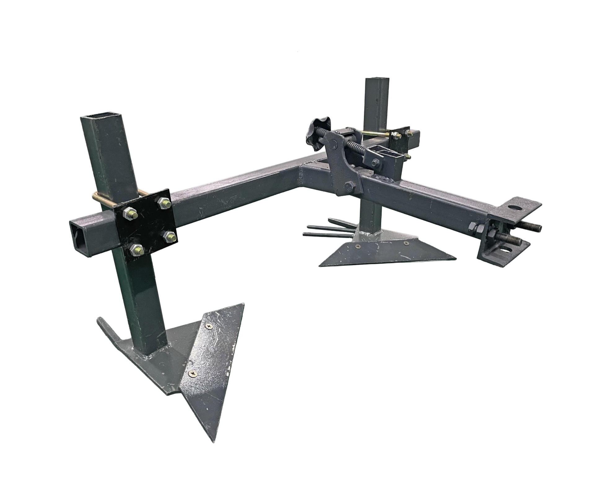 Suporte metálico cinzento escuro com bases triangulares em fundo branco