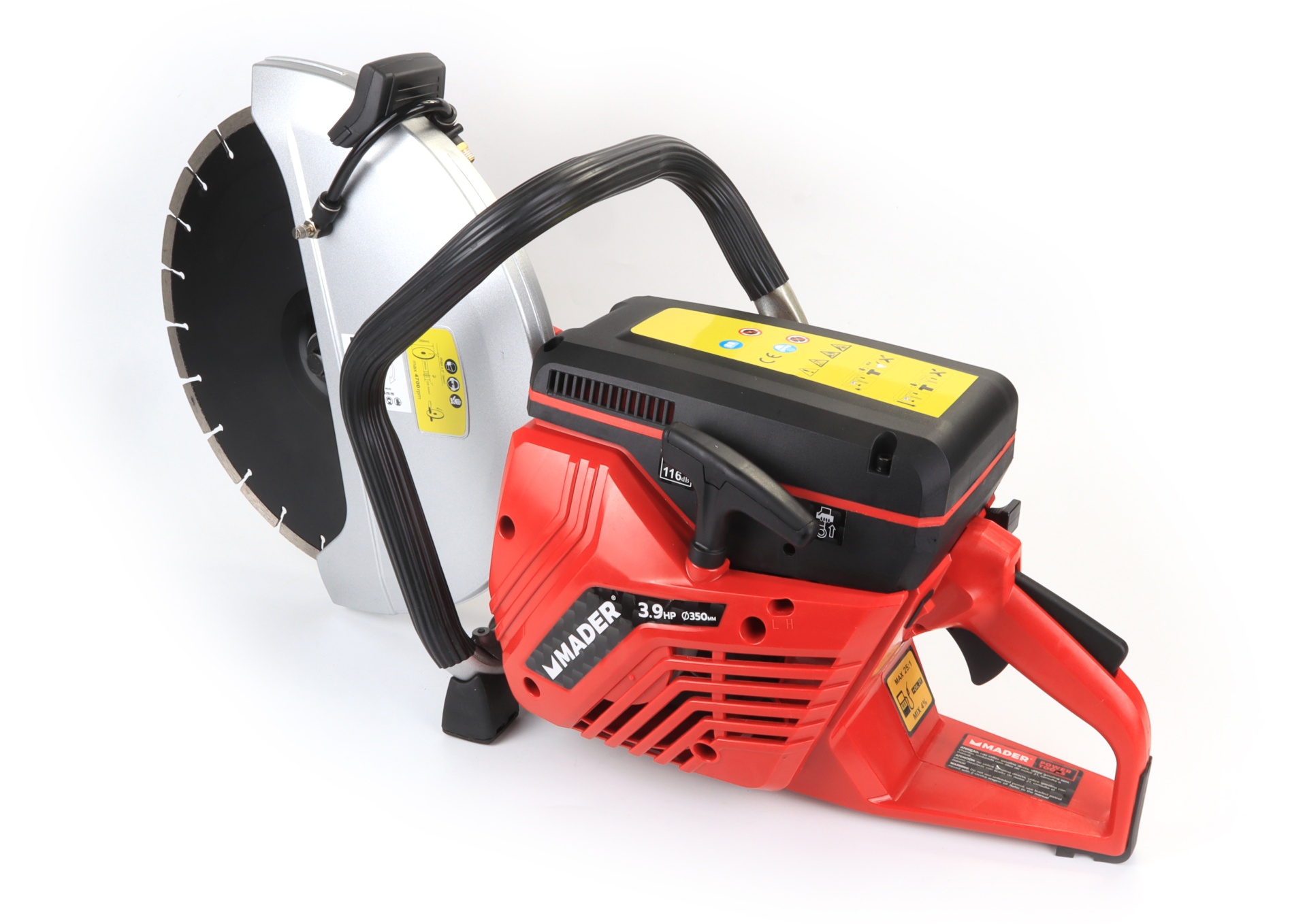 Serra elétrica portátil vermelha e preta com lâmina metálica circular.