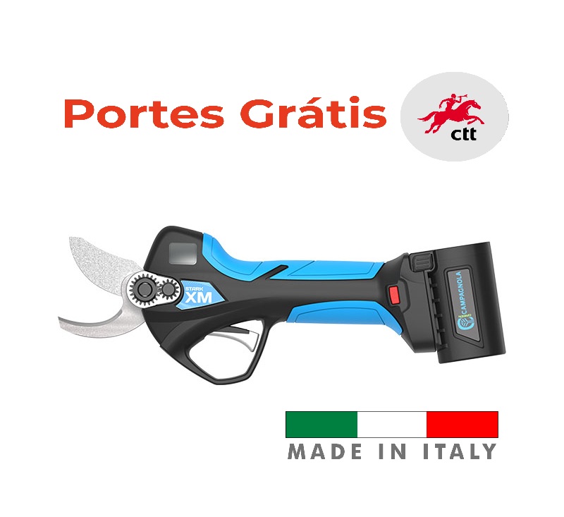 Tesoura CAMPAGNOLA STARK XM Tesoura elétrica preta e azul com lâminas metálicas e texto promocional de portes grátis e origem italiana