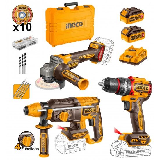 Pack Aparafusadora + Rebarbadora + Martelo Conjunto de ferramentas elétricas INGCO amarelo e castanho com vários acessórios