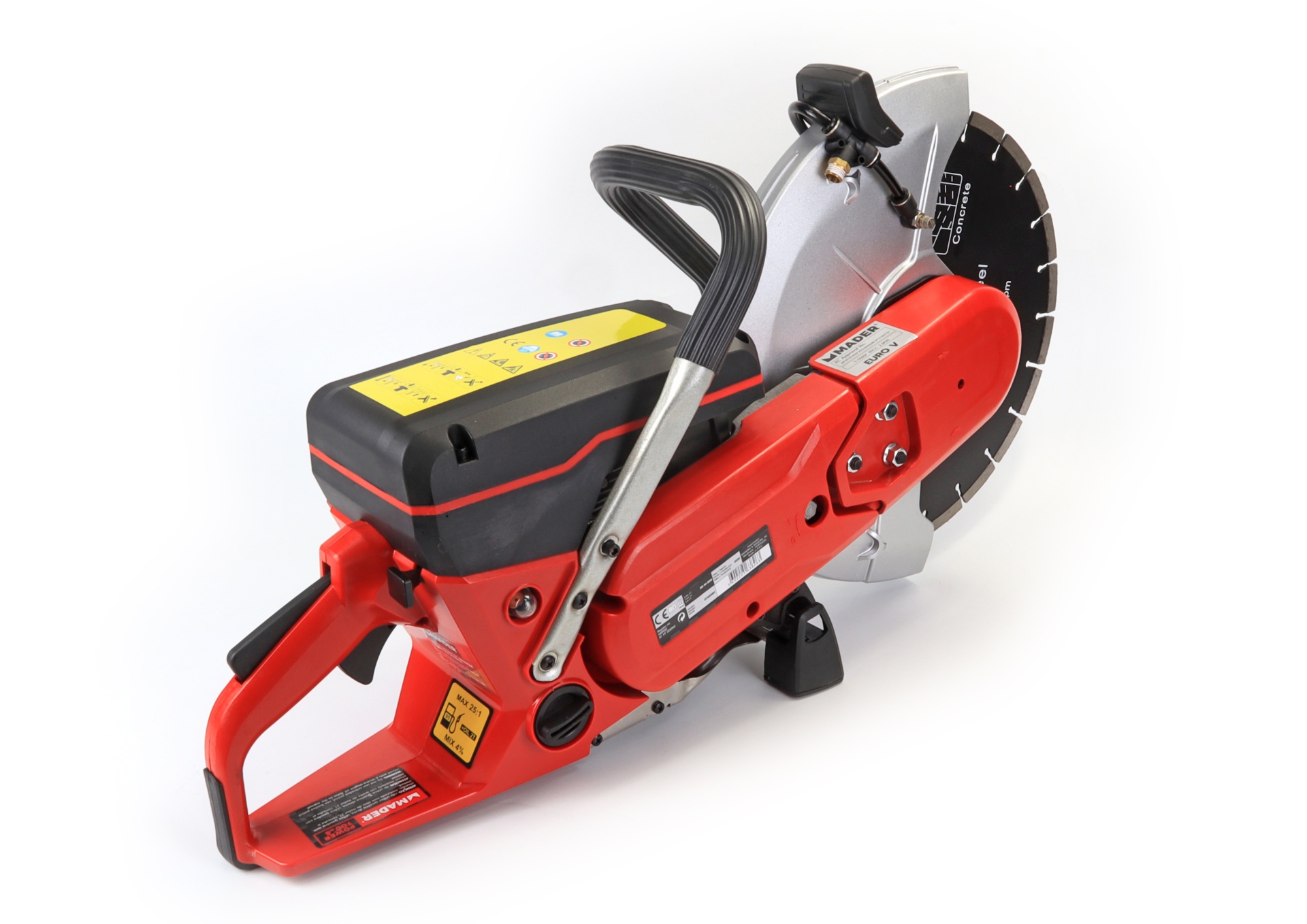 Máquina de corte vermelha com disco metálico e cabo preto