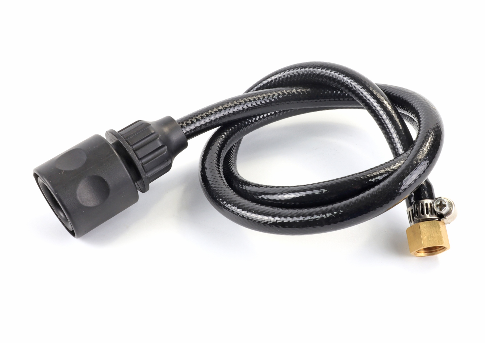 Mangueira flexível preta com conectores em ambas extremidades