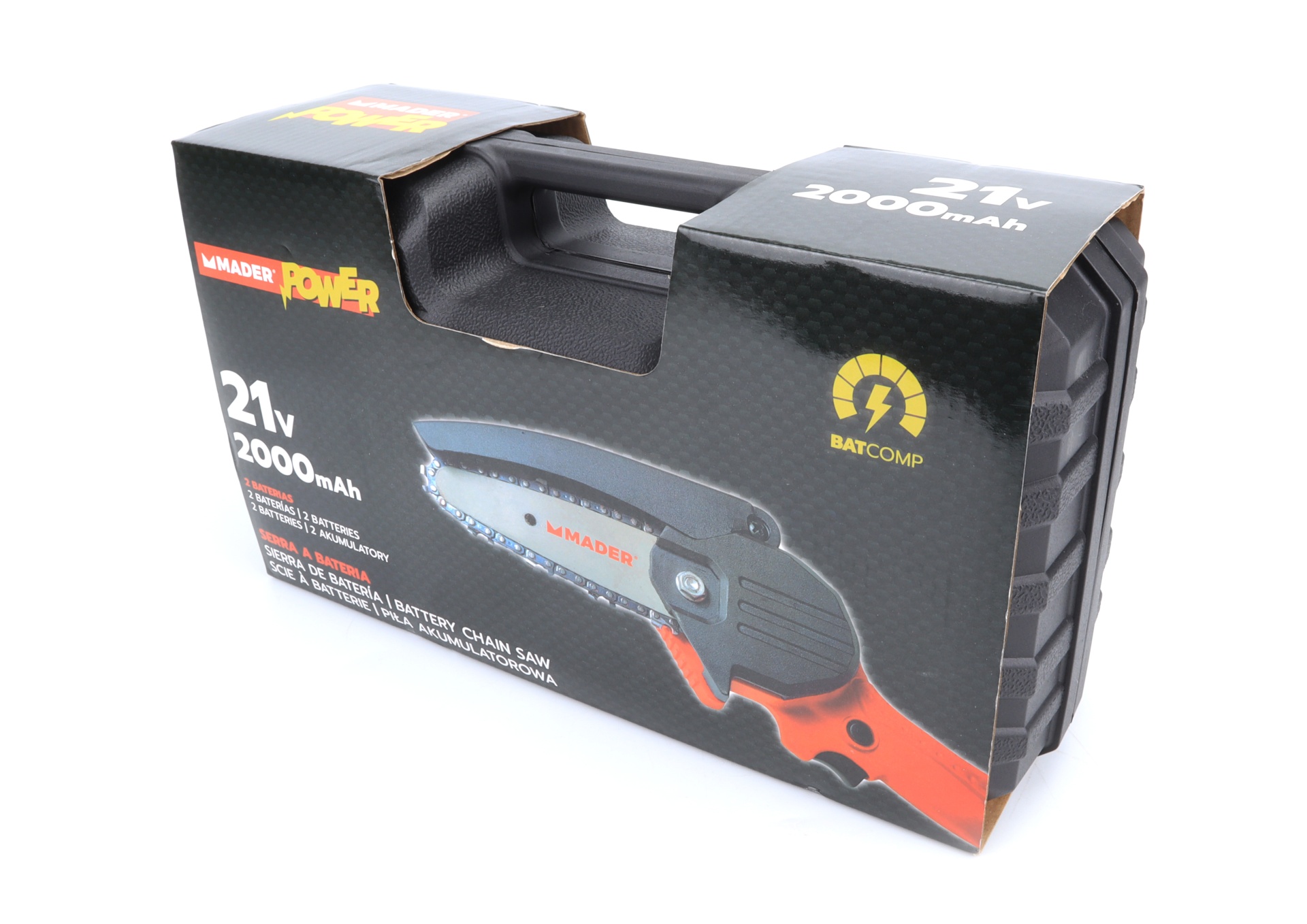 Motosserra a bateria MADER POWER em mala preta com texto e imagem do produto