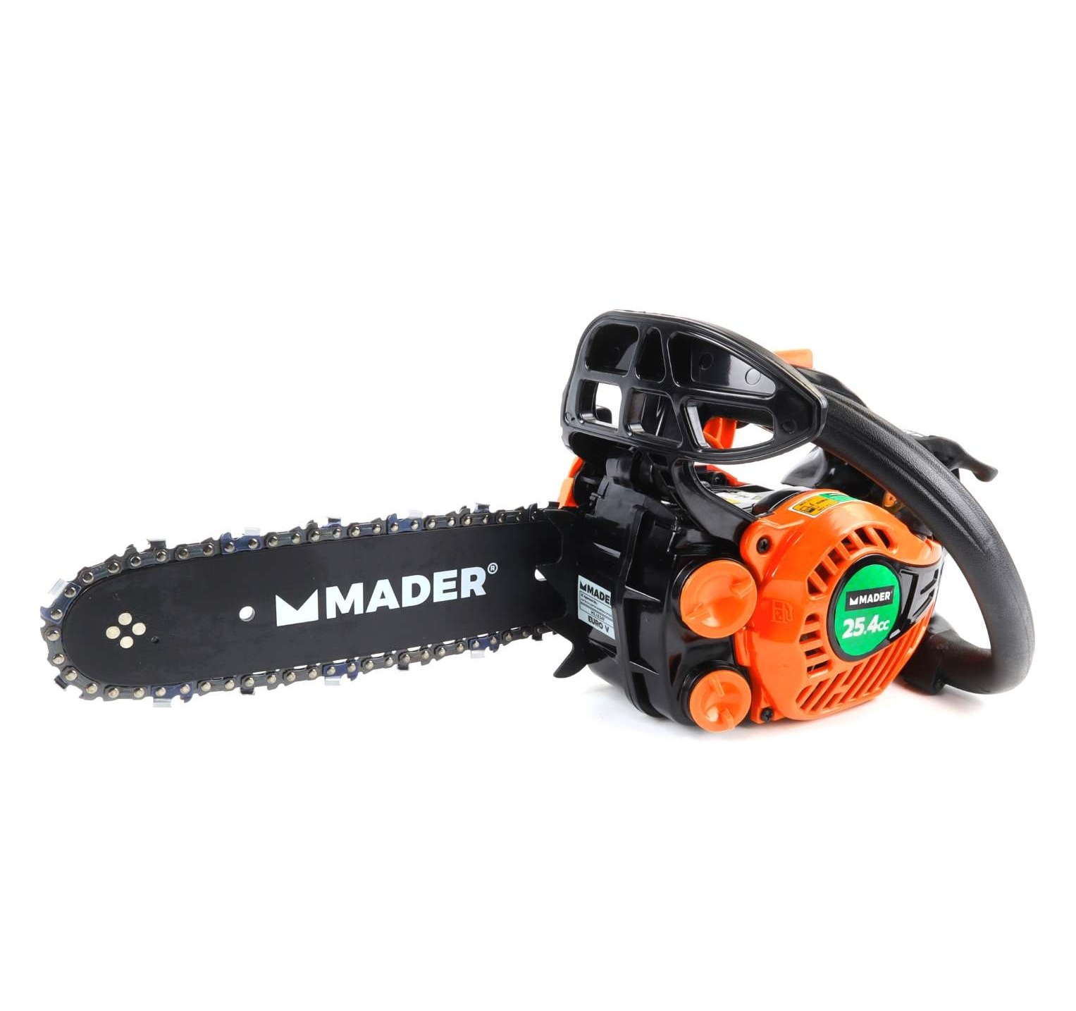 Motosserra MADER preta e laranja com etiqueta 25.4cc