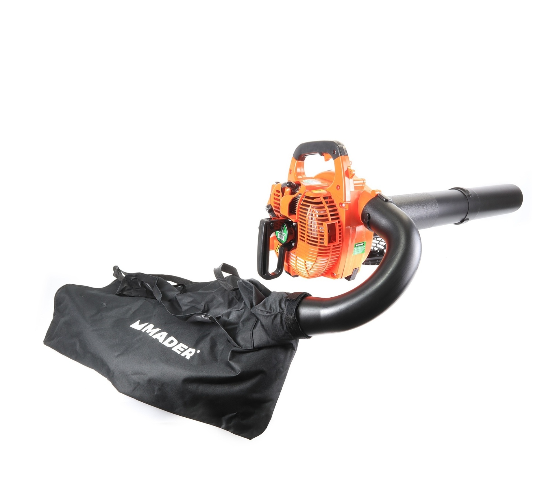 Soprador e aspirador de folhas laranja com tubo preto e saco colector preto MADËR