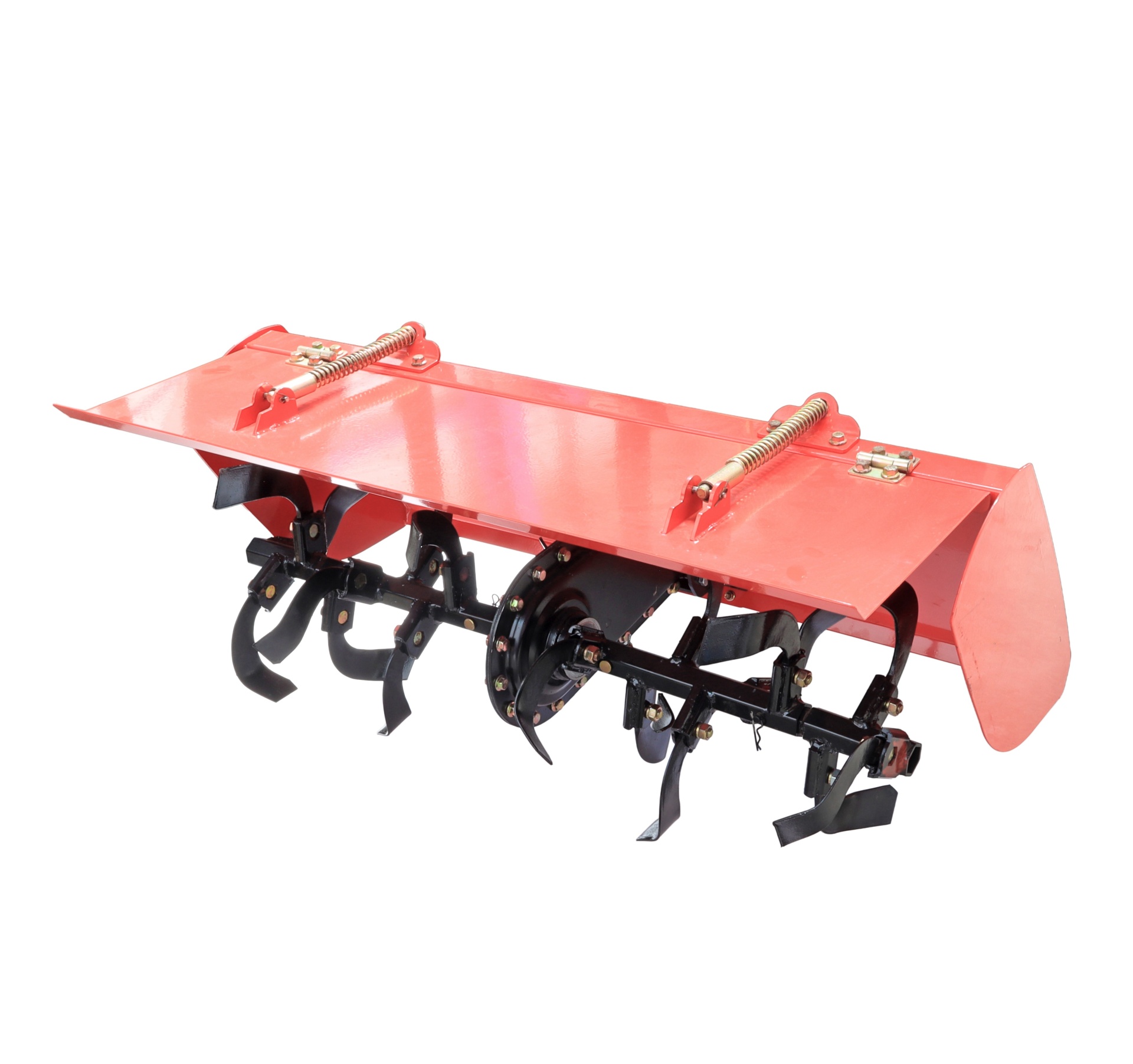Arado rotativo agrícola metálico vermelho com lâminas pretas.