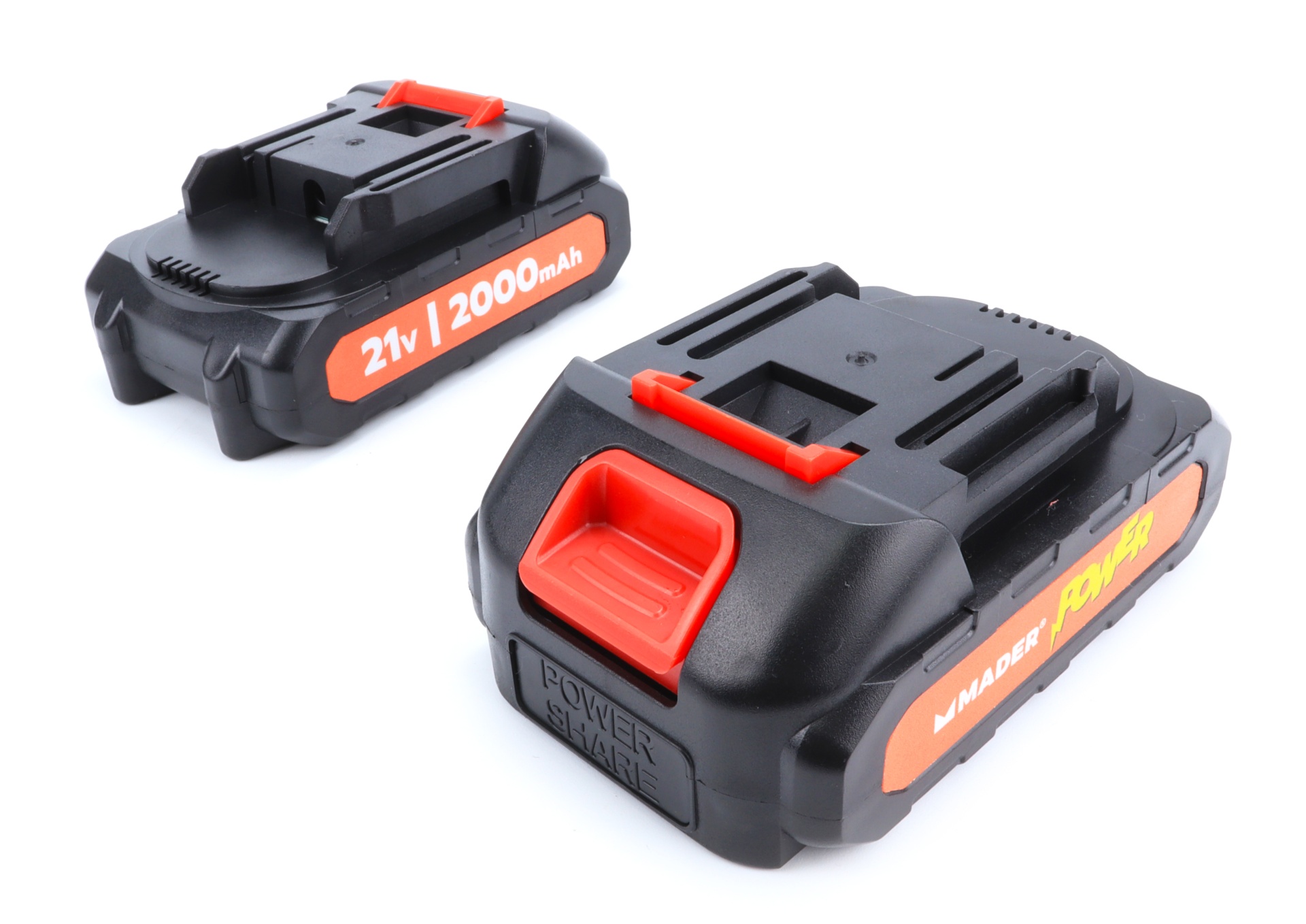 Duas baterias para ferramentas elétricas com detalhes vermelhos e etiquetas laranja