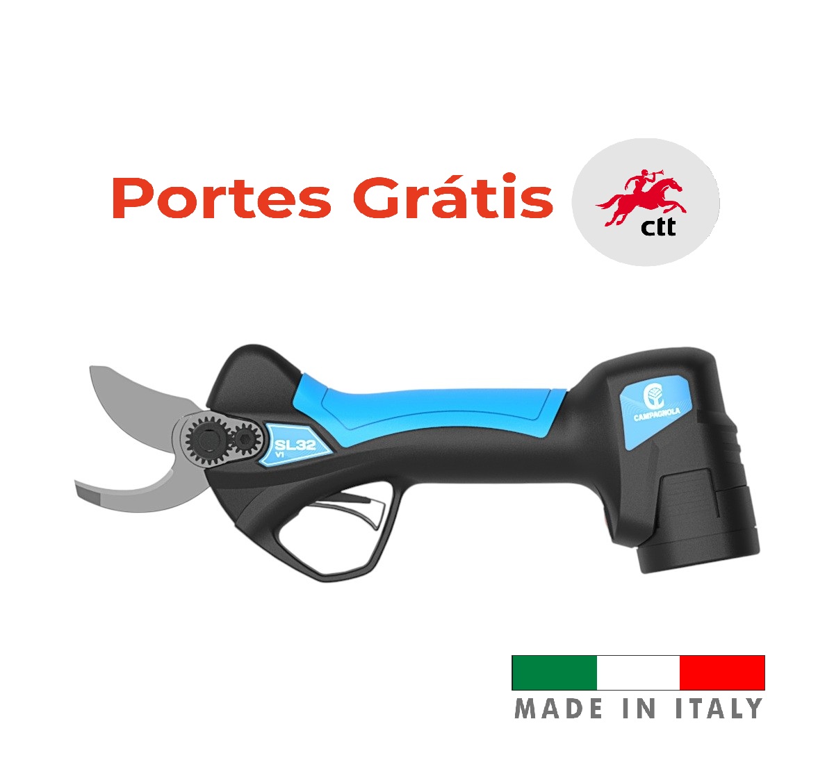 Tesoura CAMPAGNOLA SL32 V1 Tesoura de poda preta e azul com texto e selo, fundo branco com texto promocional e bandeira da Itália