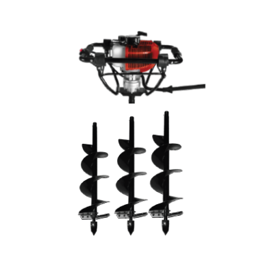 Máquina perfuradora de solo com motor vermelho e preto e três brocas pretas.