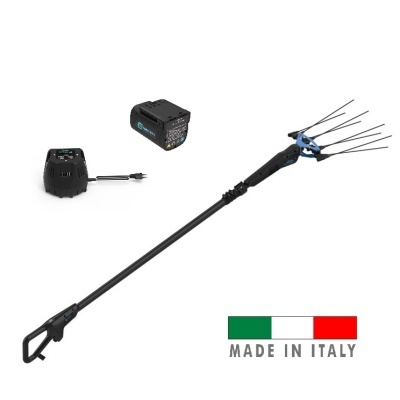 Máquina de colher de azeitonas elétrica, carregador e bateria, texto MADE IN ITALY