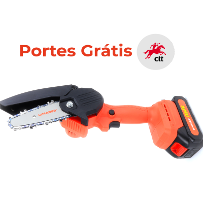 Mini motosserra elétrica portátil laranja, lâmina metálica prateada e proteção preta