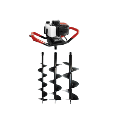 Motobroca com motor a gasolina e três brocas de tamanhos diferentes