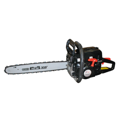 Motosserra preta com lâmina cinzenta e detalhes vermelhos e amarelos