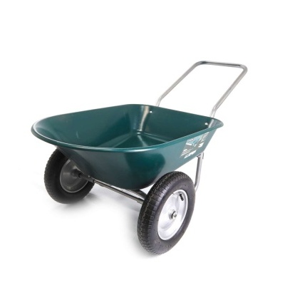 Carrinho de mão verde com rodas pretas e estrutura metálica