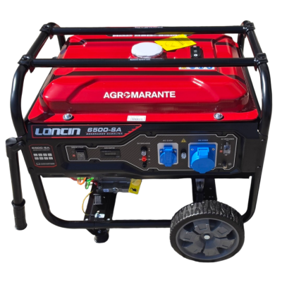 Gerador portátil vermelho e preto com rodas e tomadas elétricas