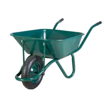 Carrinho de mão metálico verde com uma roda preta