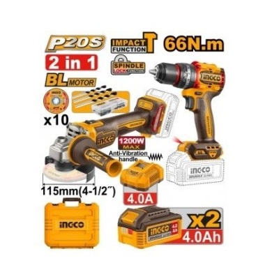 berbequim e rebarbador sem fios INGCO com motor BL, baterias 4.0Ah, manípulo anti-vibração e estojo amarelo