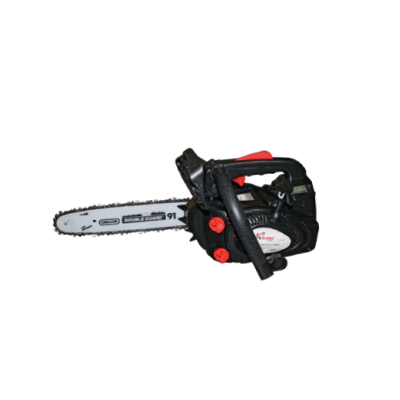 Motosserra preta e vermelha com barra metálica cinzenta e texto