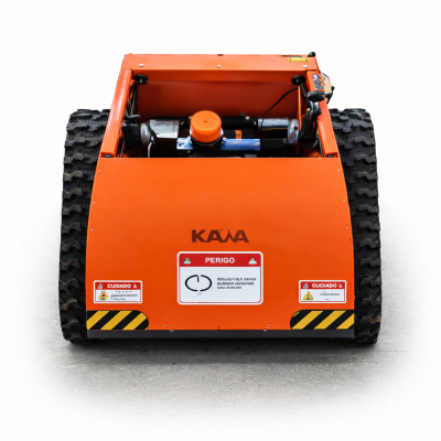 Máquina laranja com rodas de borracha e etiquetas de perigo