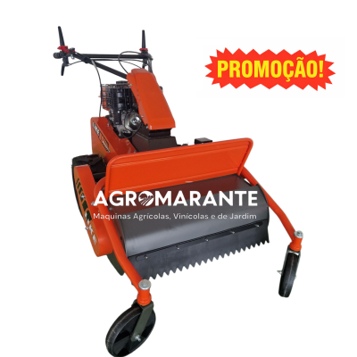 Maquina agrícola laranja com rodas pretas e texto PROMOÇÃO