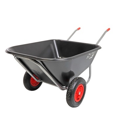 Carro de mão preto com estrutura cinza e rodas vermelhas