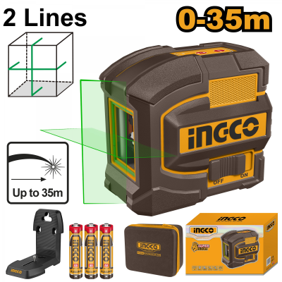 Nível laser INGCO castanho e amarelo com acessórios e embalagem