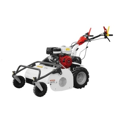 Cortador de relva motorizado branco com motor vermelho e preto