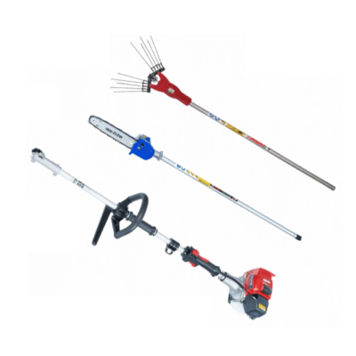 Ferramentas de jardim com motor vermelho e cabos longos