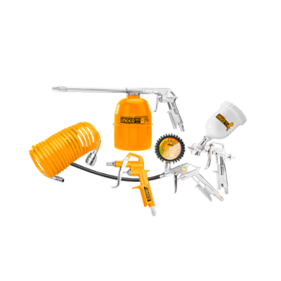 Conjunto de ferramentas pneumáticas com várias pistolas e acessórios em cores laranja e prateado