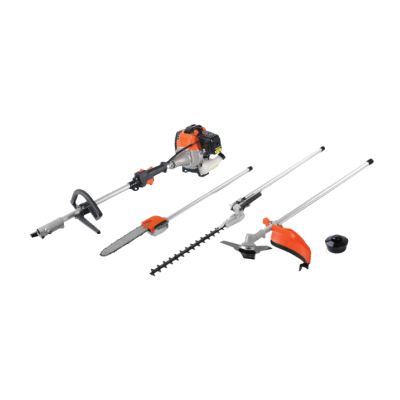 Conjunto ferramentas jardim motor gasolina laranja preto lâminas motosserra e corta-ramas