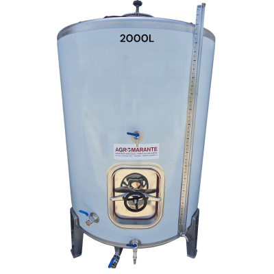 Tanque metálico vertical 2000L cinza claro com válvulas e medidor de nível