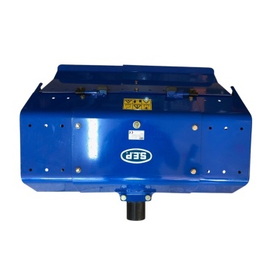 Rolo triturador azul de metal com etiqueta SEP e símbolos de segurança