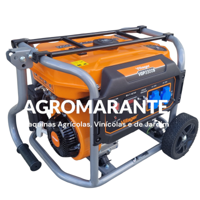 Gerador portátil elétrico Villager laranja e preto com estrutura metálica cinza e rodas